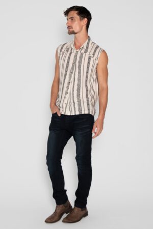 Striped Boho Beach Shirt Psychedelic Tribal Vest for Men, Festival Cotton Psy Trance Goa