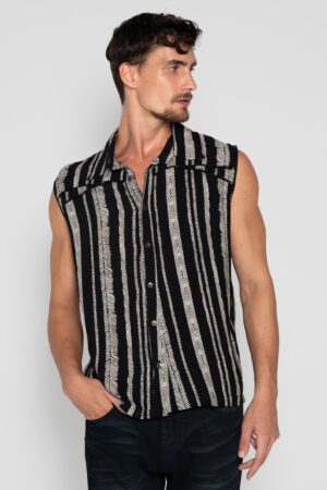 Striped Boho Beach Shirt Psychedelic Tribal Vest for Men, Festival Cotton Psy Trance Goa