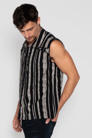 Striped Boho Beach Shirt Psychedelic Tribal Vest for Men, Festival Cotton Psy Trance Goa