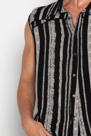 Striped Boho Beach Shirt Psychedelic Tribal Vest for Men, Festival Cotton Psy Trance Goa