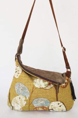 Rustic Linen Print Hobo Crossbody Bag A Bohemian Rhapsody in Mustard Yellow