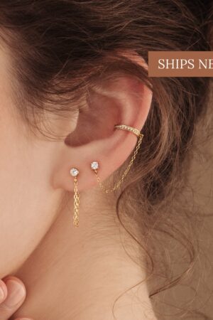 Minimalist Pave Ear Cuff Chain Earrings Diamond Stud Dangle Earrings in Gold and Sterling Silver