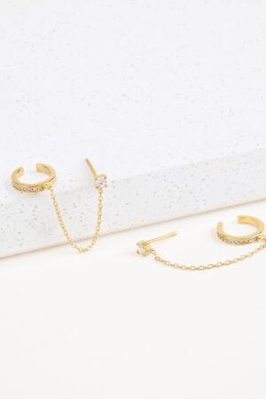 Minimalist Pave Ear Cuff Chain Earrings Diamond Stud Dangle Earrings in Gold and Sterling Silver