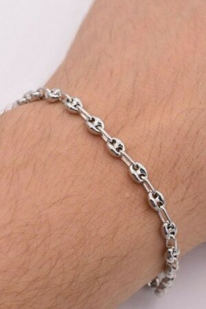 Sparkling 4.5mm Puffed Anchor Mariner Ankle Bracelet 14K White Gold Clad Silver 925