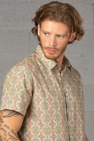 Embark on a Tribal Odyssey Shipibo Short Sleeve Men's Button-Up Shirt for Urban Explorers and Hippie Aesthetes