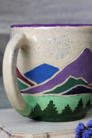 Handcrafted Spring Ceramic Mug 14 oz Teacup with Serene Mountain and Forest Illustration, Eco-Friendly Violet Purple Pottery Gift