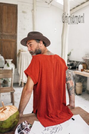 Boho T-Shirt Raw Cotton Men's Asymmetric Tribal Top, Organic Comfy Tunic Tee, Gypsy Hippie Shirt (Red Ochre)