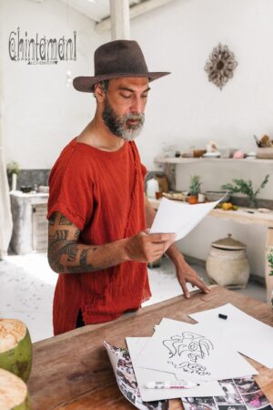 Boho T-Shirt Raw Cotton Men's Asymmetric Tribal Top, Organic Comfy Tunic Tee, Gypsy Hippie Shirt (Red Ochre)