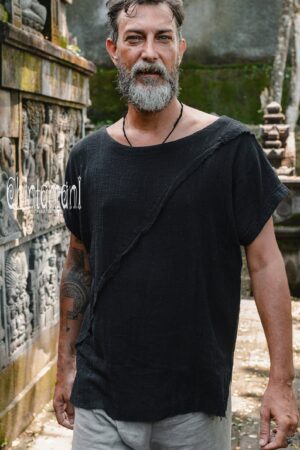 Black Boho Shirt Raw Cotton Bohemian Men's Clothing, Asymmetrical Organic Top, Comfy Tunic T-Shirt, Gypsy Shirt for Men