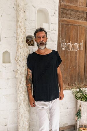 Black Boho Shirt Raw Cotton Bohemian Men's Clothing, Asymmetrical Organic Top, Comfy Tunic T-Shirt, Gypsy Shirt for Men