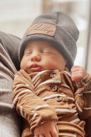 Personalized Baby Beanie Embroidered Name, Vegan Leather Patch, Slouchy Fit for All Ages