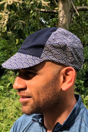 Tortoise and Hare Cycling Cap Japanese Cotton, Handmade, Four-Panel, Navy Seigaiha Wave Pattern