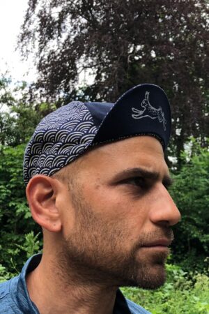 Tortoise and Hare Cycling Cap Japanese Cotton, Handmade, Four-Panel, Navy Seigaiha Wave Pattern