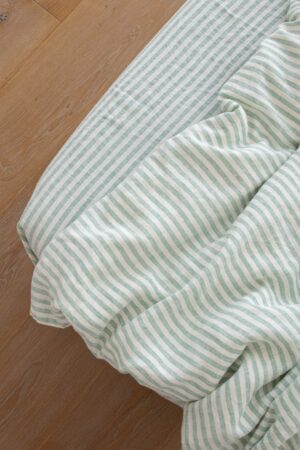 Luxurious Washed Linen Fitted Sheet Ticking Stripe in Azure and Ivory