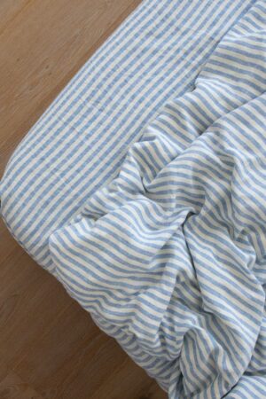 Luxurious Washed Linen Fitted Sheet Ticking Stripe in Azure and Ivory