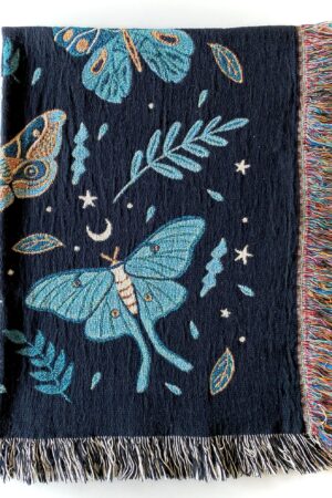 Luna Moths Jacquard Blanket 100% Cotton, Woven in the USA, Queen Size (60" x 80") with Fringed Edge