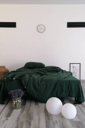 Luxurious Stonewashed Linen Fitted Sheet Indulge in Emerald Elegance