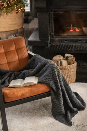 Cozy Haven Dark Gray Linen Throw with Waffle Weave