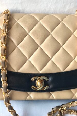 Vintage CHANEL Beige and Black Lambskin 2.55 Classic Flap Shoulder Bag with Golden CC