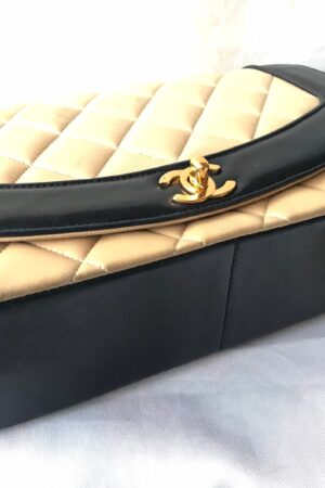 Vintage CHANEL Beige and Black Lambskin 2.55 Classic Flap Shoulder Bag with Golden CC