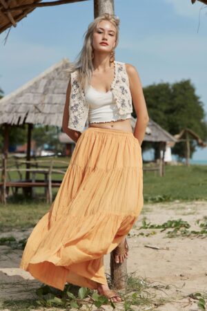 NO.5 Women's Hippie Gypsy Boho Tiered Peasant Long Maxi Skirt in Vibrant Yellow Ochre