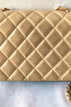 Vintage CHANEL Beige and Black Lambskin 2.55 Classic Flap Shoulder Bag with Golden CC