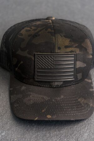 American Flag Trucker Hat Black Multicam with Personalized Leather Patch