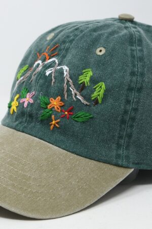 Hand Embroidered Mountain Flower Trees 2-Tone Green Beige Washed Cotton Baseball Cap for Summer Sun Protection