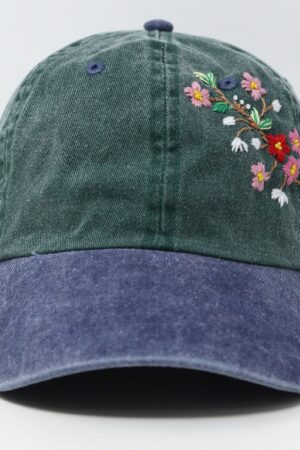 Embroidered Floral Baseball Cap Summer Sun Hat with Handcrafted Pink and Red Flowers