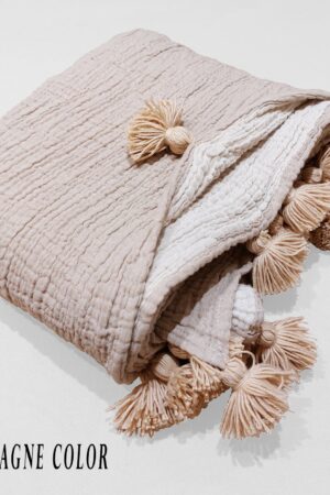 Luxurious Pom Pom Muslin Throw OEKO-TEX Certified, Multi-Purpose Cozy Comfort