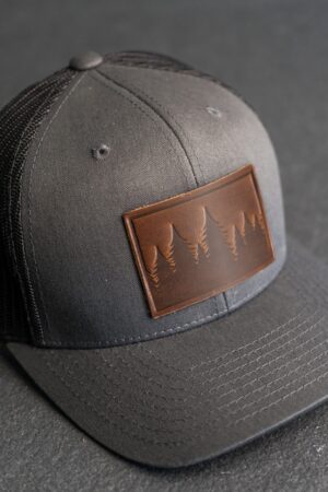 Pine Tree Ridgeline Trucker Hat Leather Patch, Hiking Apparel, Unisex Gift