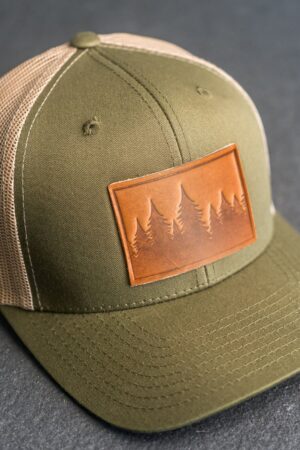 Pine Tree Ridgeline Trucker Hat Leather Patch, Hiking Apparel, Unisex Gift