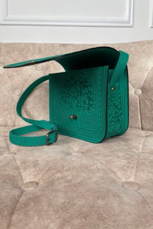 Genuine Leather Messenger Bag Handmade Green Boho Satchel for Women