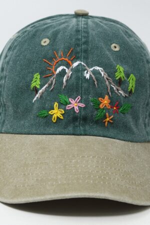 Hand Embroidered Mountain Flower Trees 2-Tone Green Beige Washed Cotton Baseball Cap for Summer Sun Protection