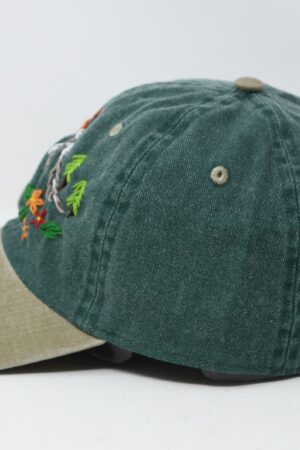 Hand Embroidered Mountain Flower Trees 2-Tone Green Beige Washed Cotton Baseball Cap for Summer Sun Protection