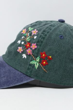 Embroidered Floral Baseball Cap Summer Sun Hat with Handcrafted Pink and Red Flowers