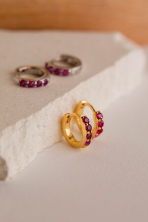 Ruby Birthstone Huggie Earrings Minimalist Crystal Hoops for Birthdays (ER111)