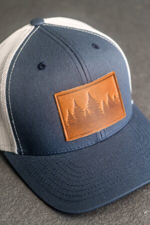 Pine Tree Ridgeline Trucker Hat Leather Patch, Hiking Apparel, Unisex Gift