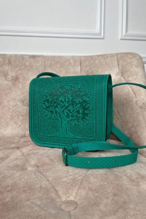 Genuine Leather Messenger Bag Handmade Green Boho Satchel for Women