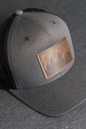 Pine Tree Ridgeline Trucker Hat Leather Patch, Hiking Apparel, Unisex Gift