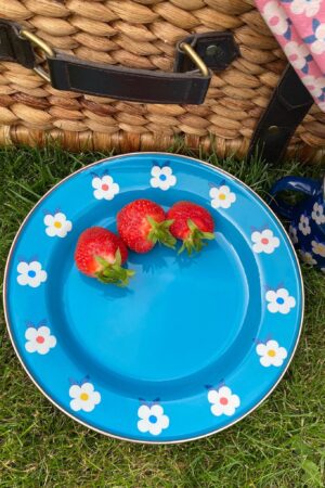 Enamelhappy Ocean Teal Blue Retro Floral Enamel Plates Perfect for Camping, Picnics, and Outdoor Adventures