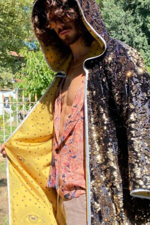 Shimmering Starry Night Velvet Rave Kimono with Sequin Hood for Burning Man and Festivals