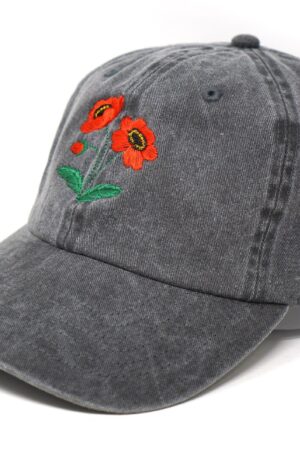 Embroidered Red Poppy Baseball Cap Washed Cotton, Curved Brim, Summer Style