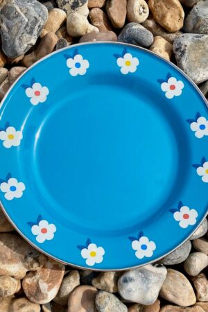 Enamelhappy Ocean Teal Blue Retro Floral Enamel Plates Perfect for Camping, Picnics, and Outdoor Adventures