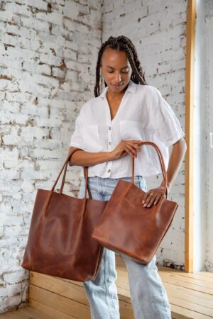 Versatile Leather Tote Your Everyday Companion in Brown and Mustard