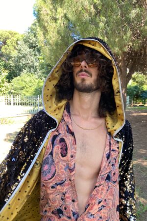 Shimmering Starry Night Velvet Rave Kimono with Sequin Hood for Burning Man and Festivals