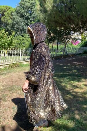 Shimmering Starry Night Velvet Rave Kimono with Sequin Hood for Burning Man and Festivals