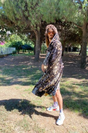 Shimmering Starry Night Velvet Rave Kimono with Sequin Hood for Burning Man and Festivals