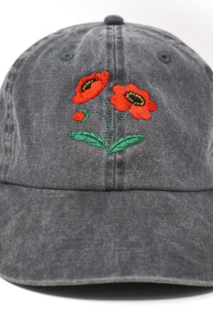 Embroidered Red Poppy Baseball Cap Washed Cotton, Curved Brim, Summer Style