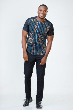 Black Kente Men's African Print Cotton Easy-Wear Ankara Shirt by Zedi Embrace Cultural Elegance